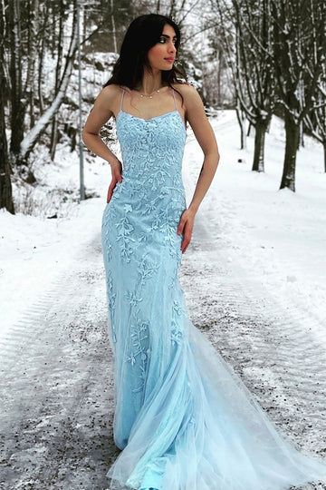 Mermaid Spaghetti Straps Blue Long Prom Dress with Criss Cross Back